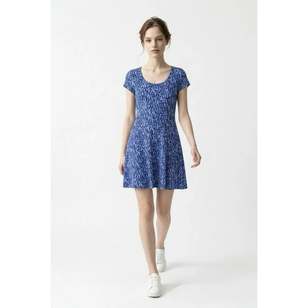 MICHAEL Michael Kors Womens Shift Dress Large Blue White Abstract Short Sleeve